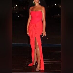 JLUXLABEL Noelia Linen Slit Skirt Orange